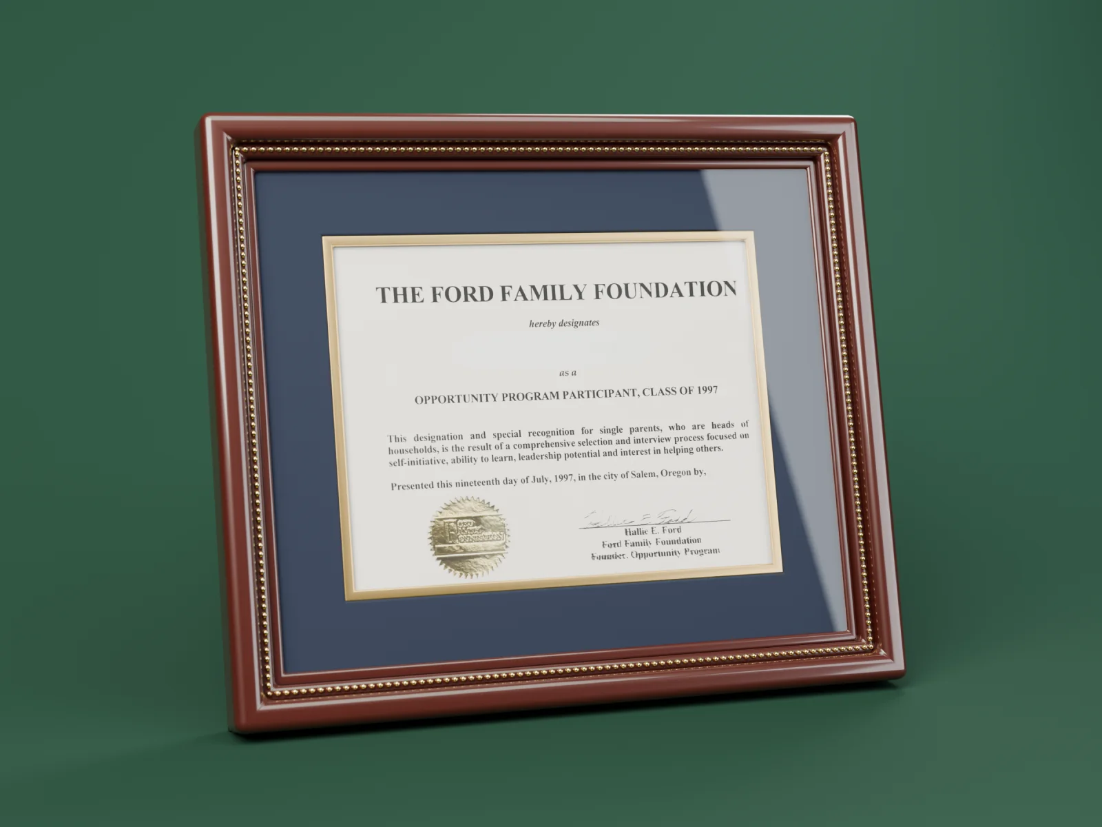 Ford Family Foundation Opportunity Program certificate, Class of 1997, in a mahogany frame with a navy mat.